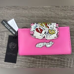 Ed Hardy Hot Pink Leather Wallet with White Tattoo-Flap